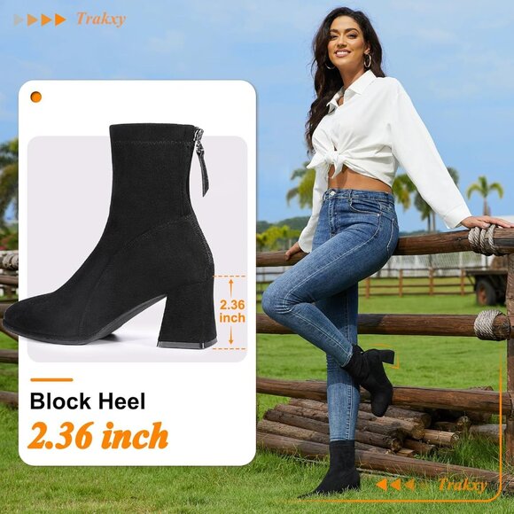 Women's Square Toe Ankle Chestnut Boot Faux Suede Low Black Heel Chelsea Shoes - Picture 3 of 7